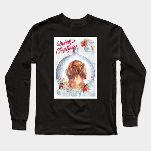 Long Haired Dachshund Merry Christmas Santa Dog Long Sleeve T-Shirt by Puppy Eyes